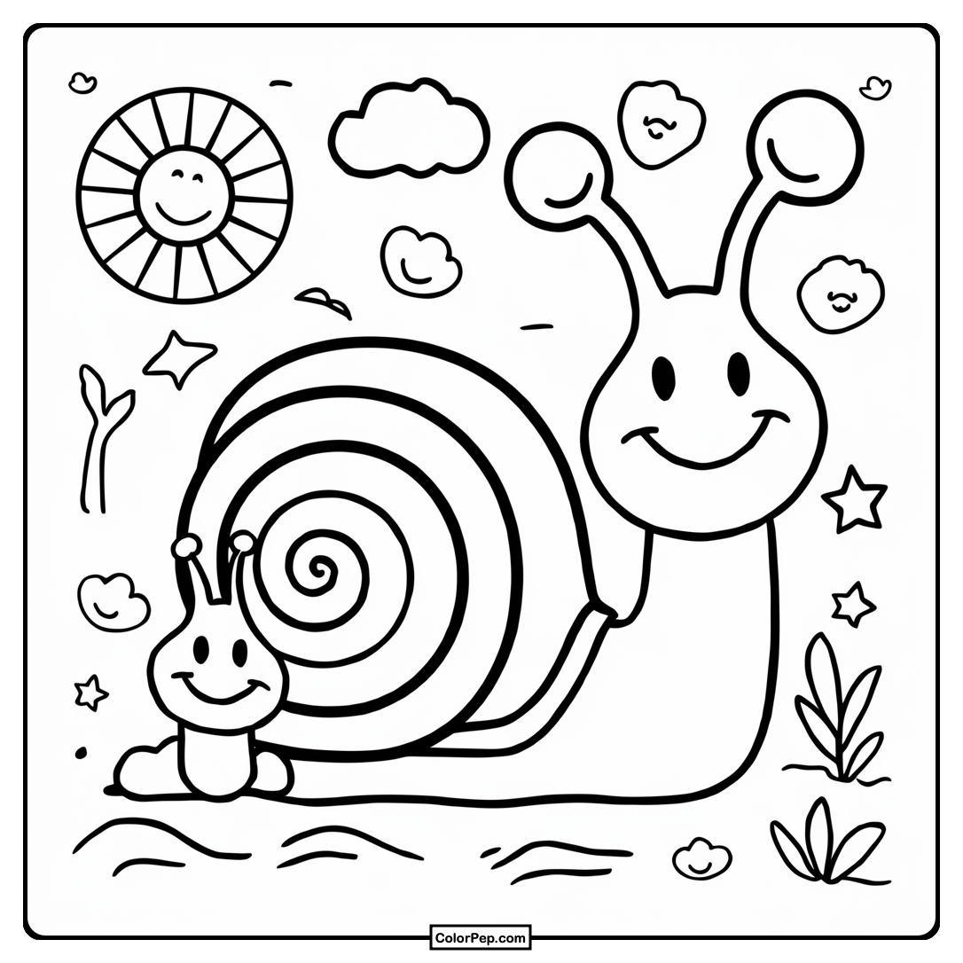 Cute Snail and Baby Coloring Page