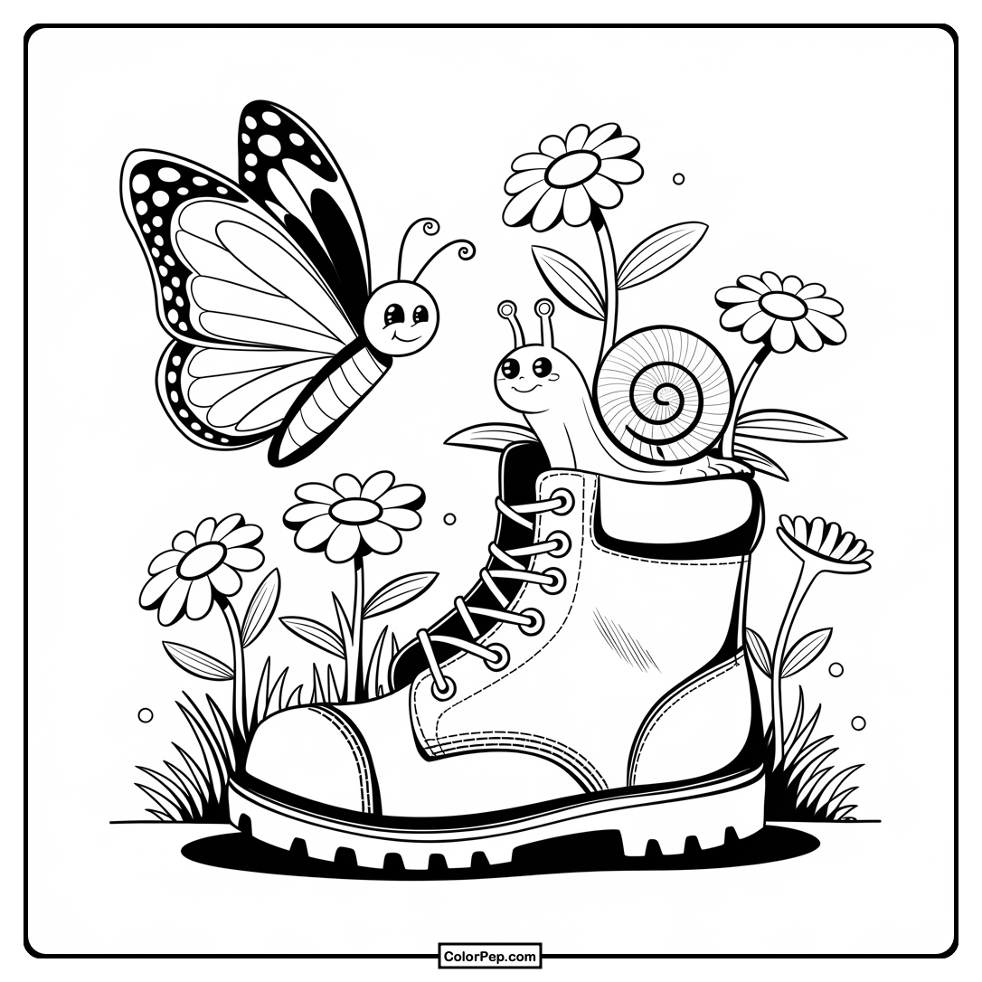 Floral Boot with Butterfly Coloring Page