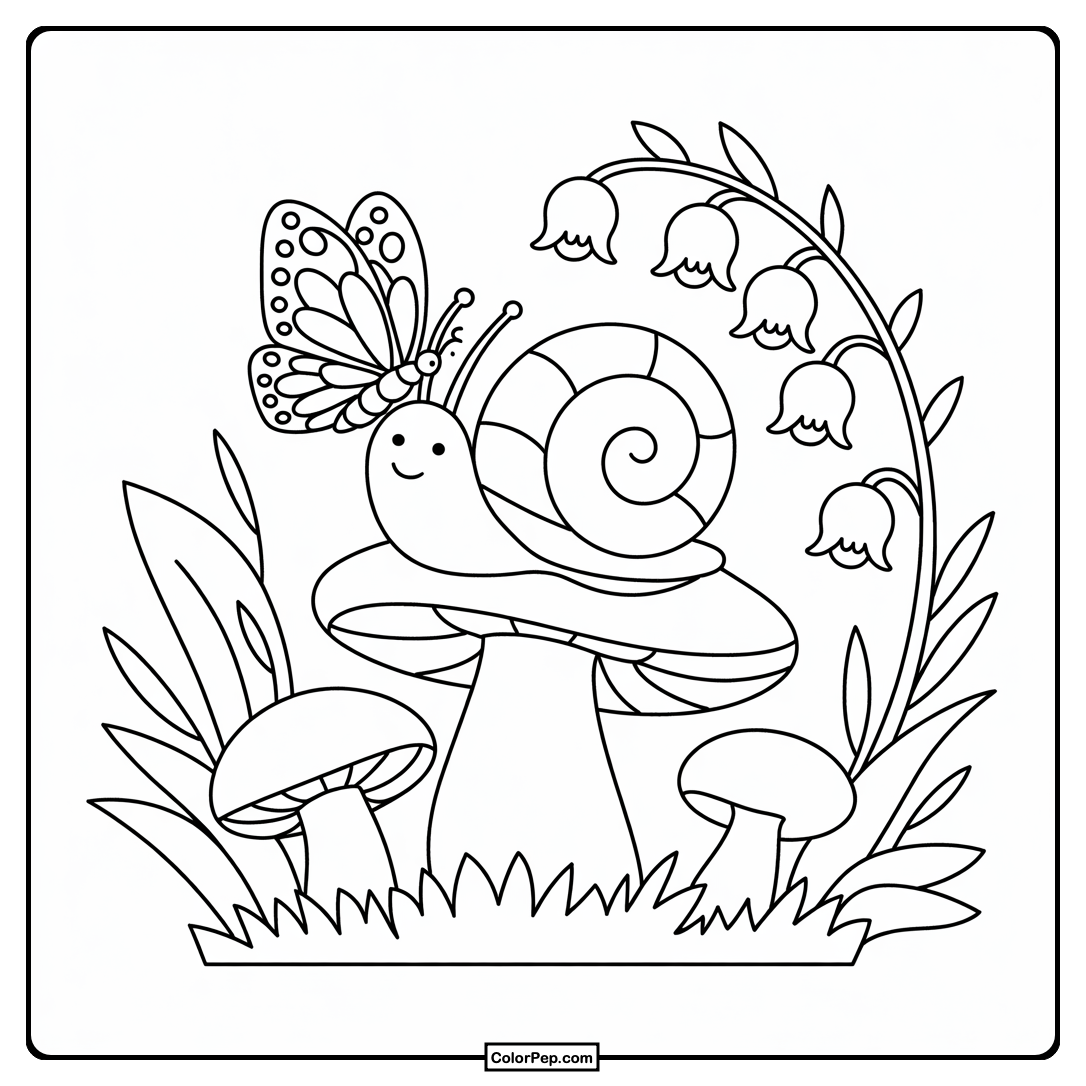 Snail and Mushroom Fantasy Coloring Sheet